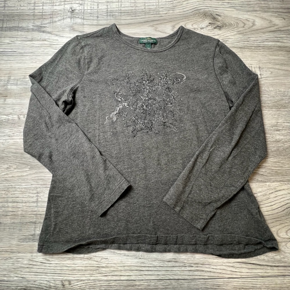 Lauren Ralph Lauren Shirt Womens Large Grey Crest Graphic Long Sleeve Tee LRL